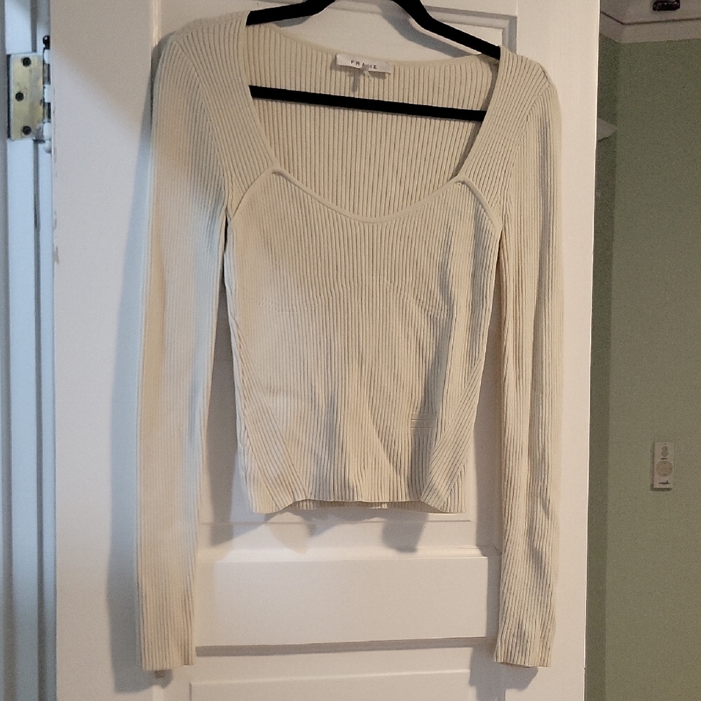 Frame Cream Bone Ribbed Zip Long Sleeve Top - S - Picture 3 of 12